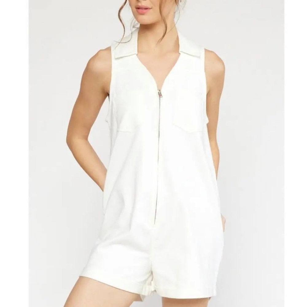 NEW white denim zipper front romper